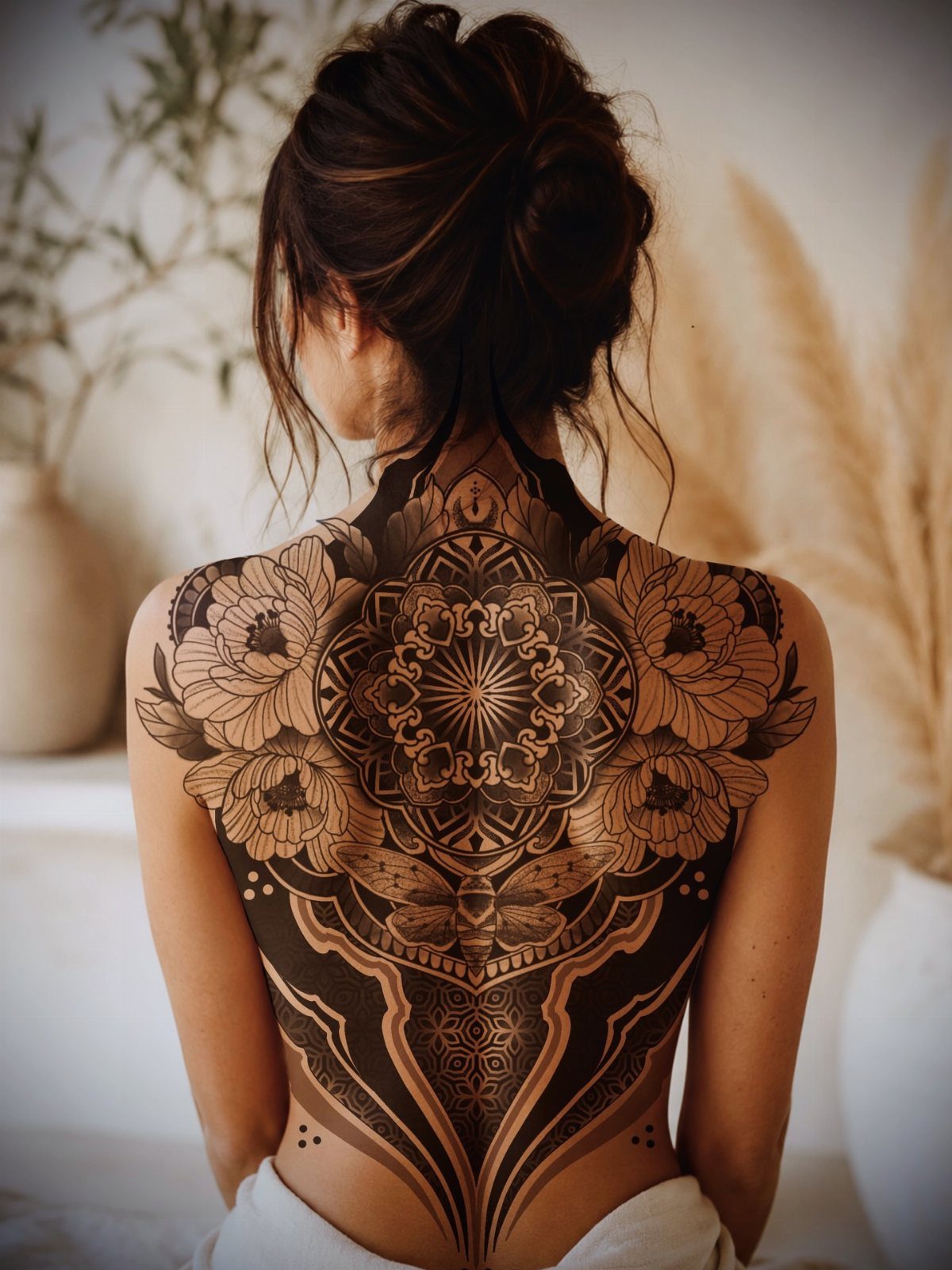 Woman's back with a large black ink mandala and floral tattoo design.