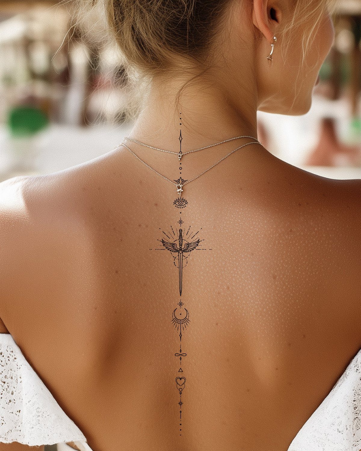Minimalist black ink spine tattoo with a sword and moon on a woman's back