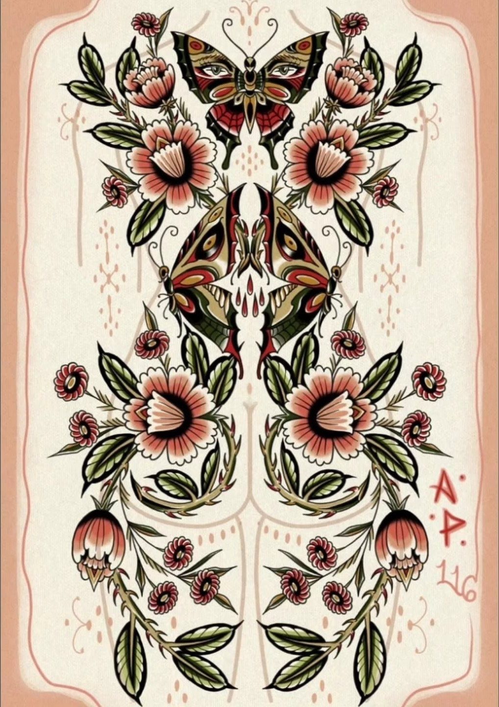 Tattoo design featuring symmetrical butterflies and vintage style red flowers on a back.