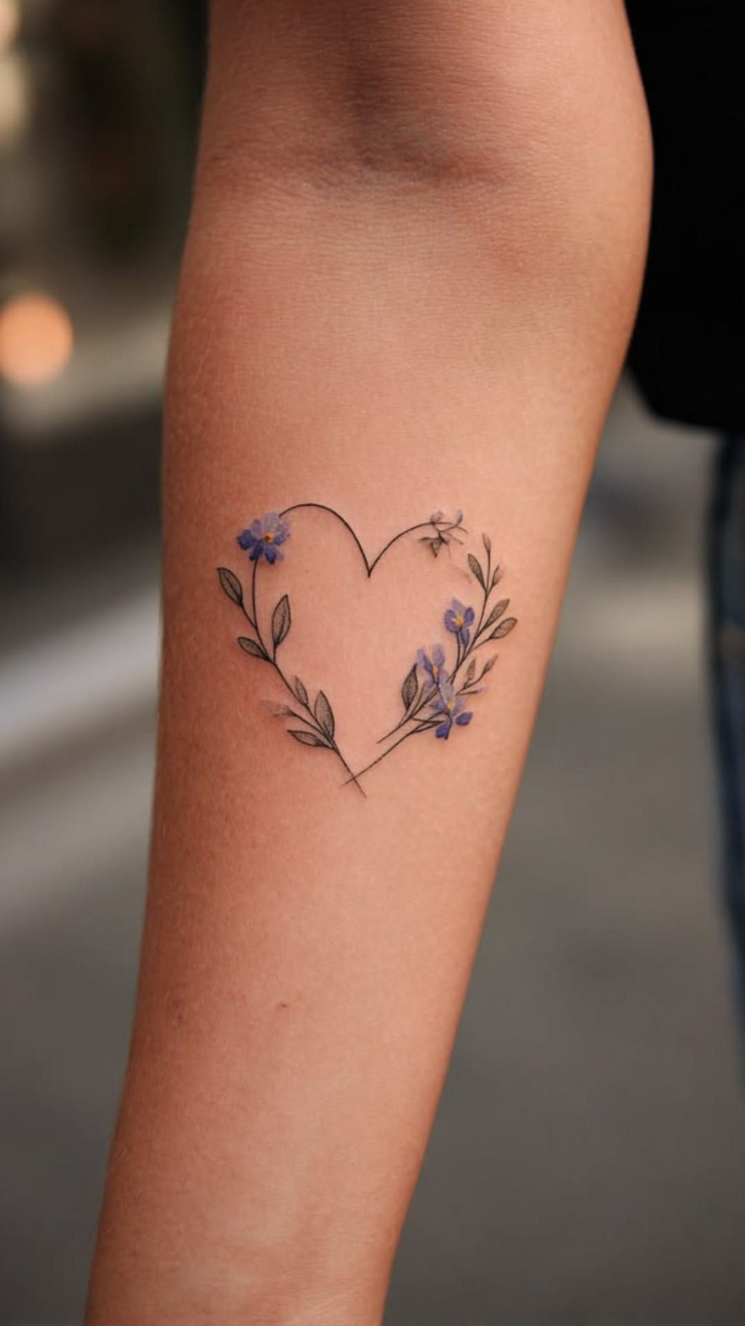 Heart-shaped tattoo on a forearm with small purple flowers and green leaves.