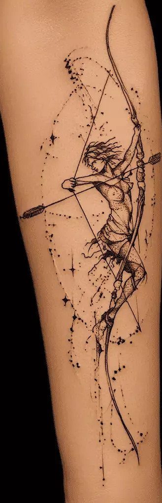 Archer with bow and arrow tattoo on a person's lower arm in black ink