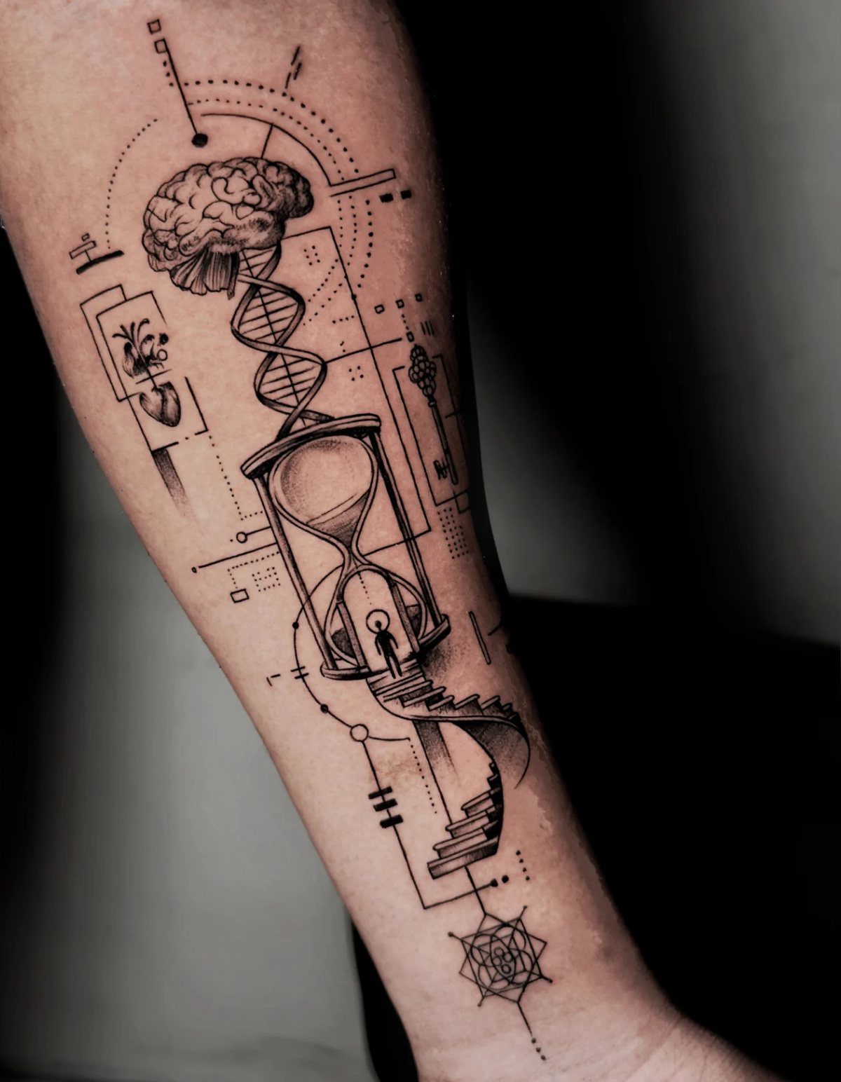 Geometric tattoo on forearm featuring a brain, DNA helix, and an hourglass.