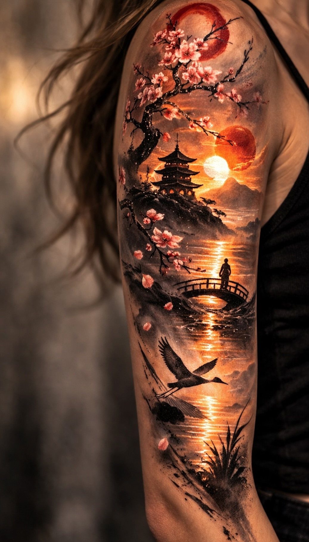Detailed Japanese landscape sleeve tattoo on a woman's arm with pagoda and cherry blossoms.