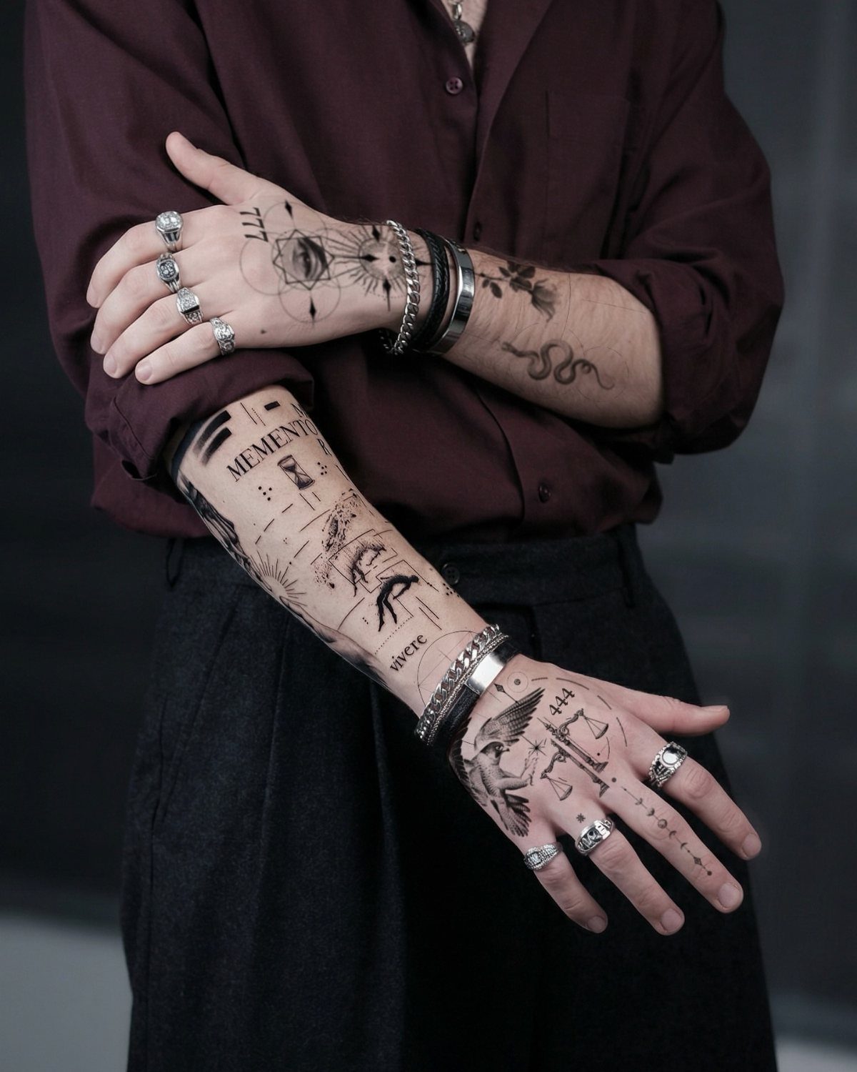 Tattooed hands and forearms of a person wearing silver rings and a maroon shirt.