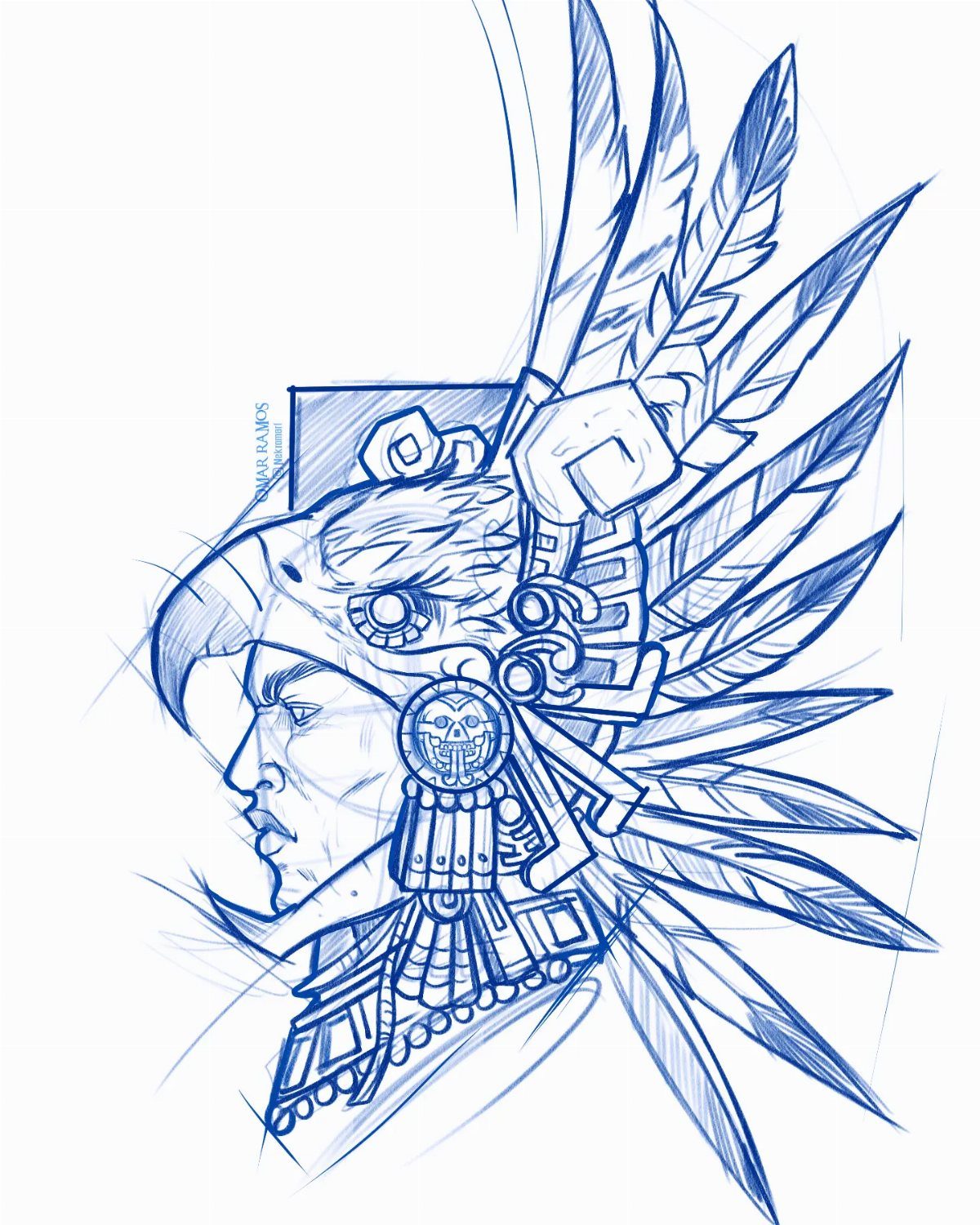 Blue ink sketch of a man wearing a traditional indigenous feathered headdress.