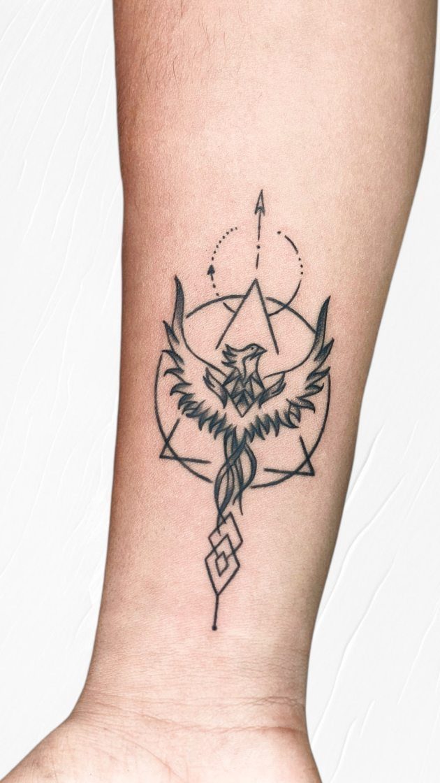 Geometric bird tattoo with a circle and triangle on a person's forearm