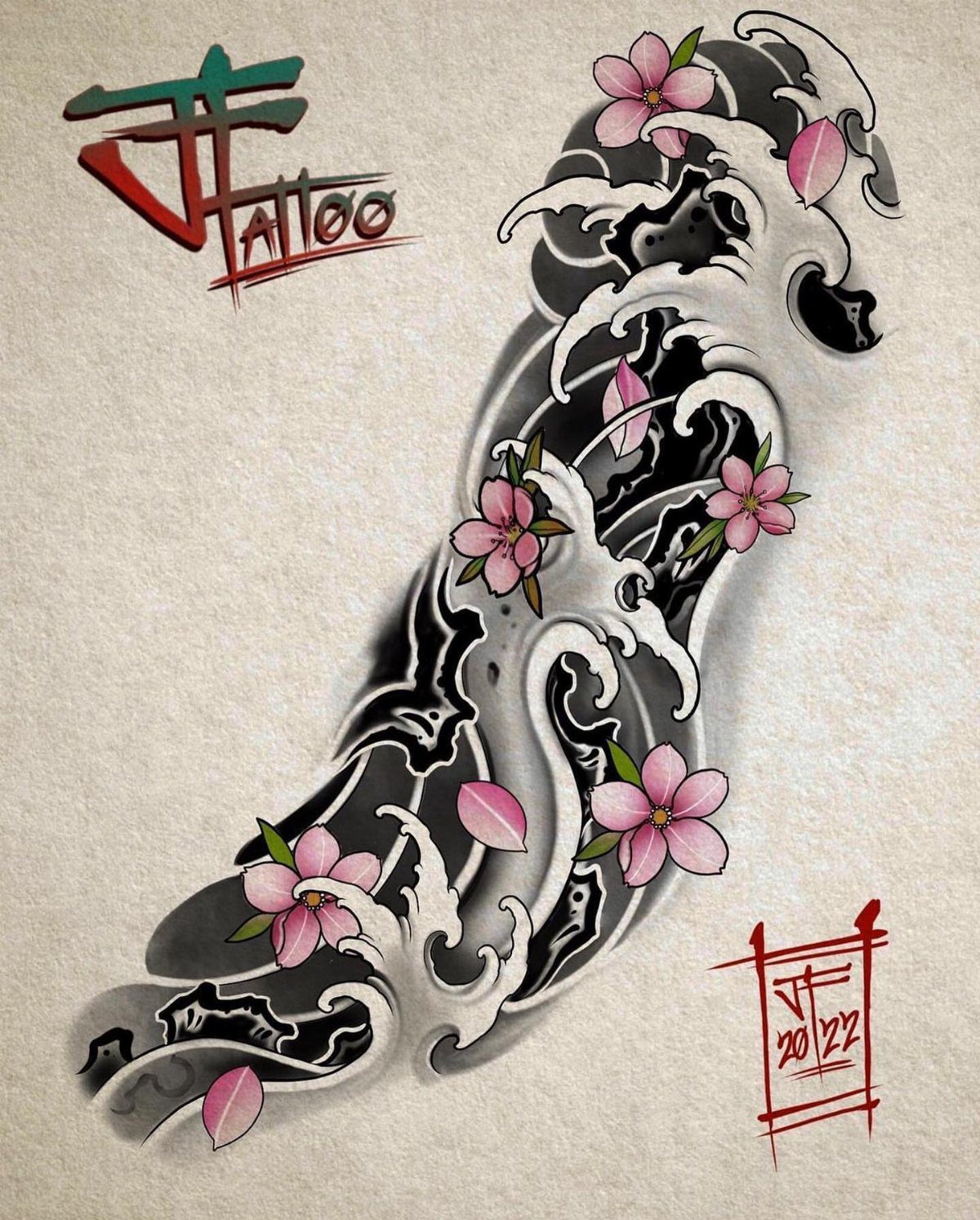 Japanese style tattoo sketch of black swirling waves and pink cherry blossoms.