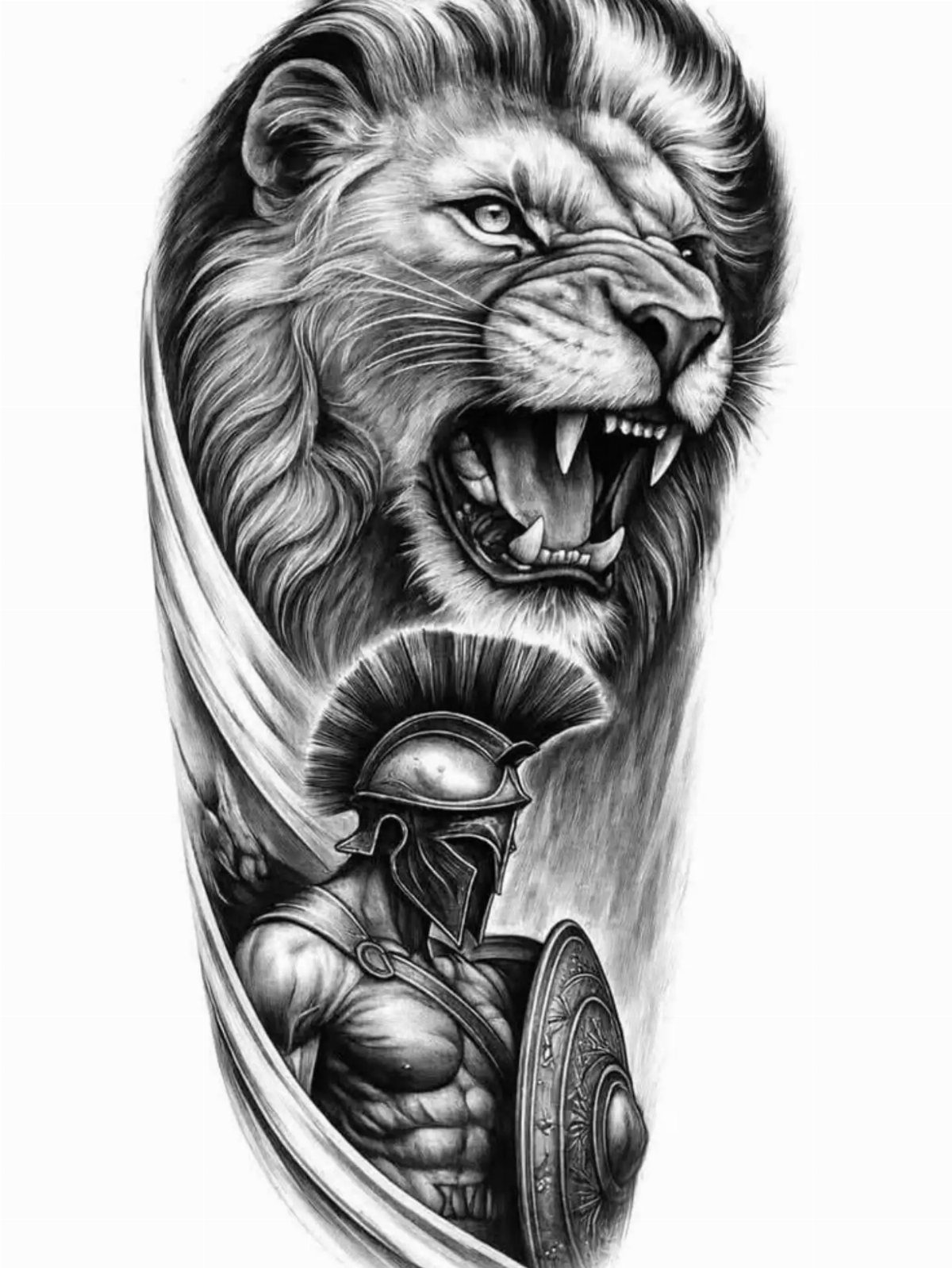 Roaring lion head and Spartan warrior tattoo design in black and grey ink.