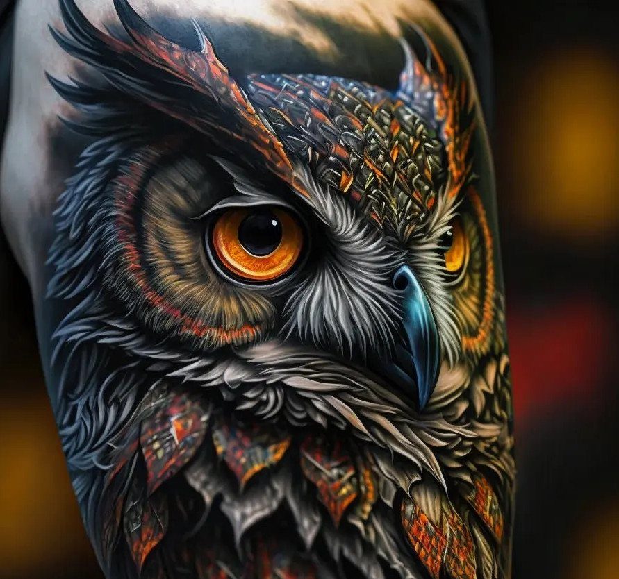 Detailed owl tattoo with orange eyes and colorful feathers on a person's arm.