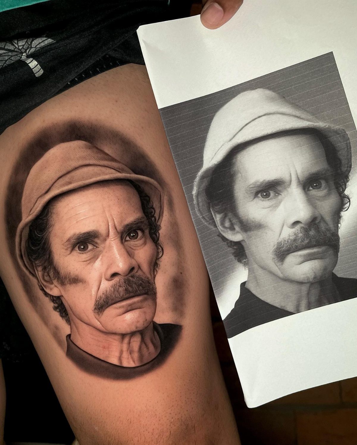 Realistic portrait tattoo of a man with a mustache and bucket hat.