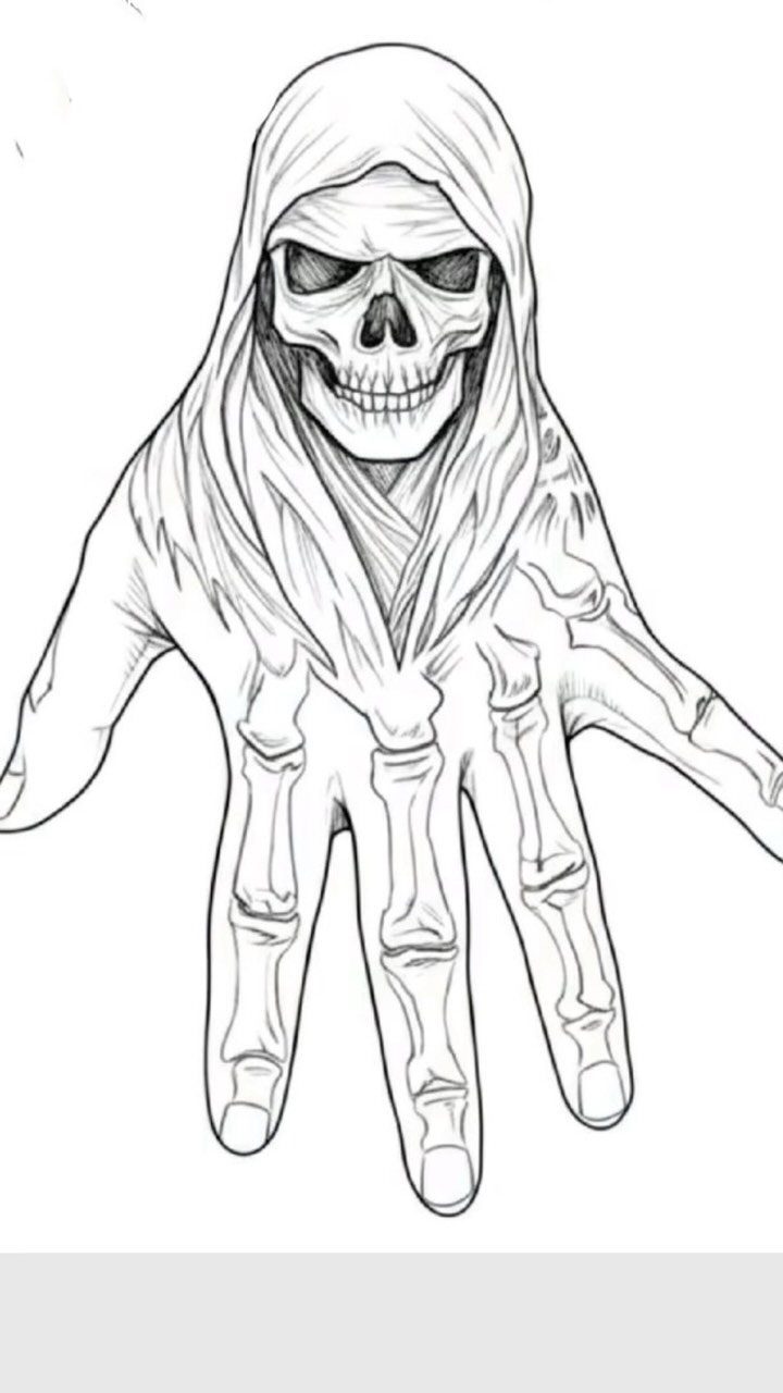 Grim reaper sketch with a skull face and skeletal hand in black ink