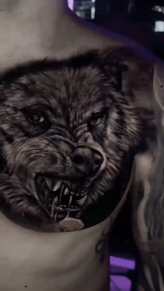 Snarling wolf head tattoo in black and grey realism on a man's chest