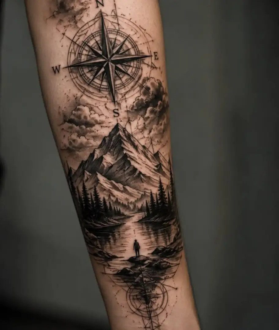 Nature sleeve tattoo featuring a compass, mountains, pine trees, and a lake landscape.