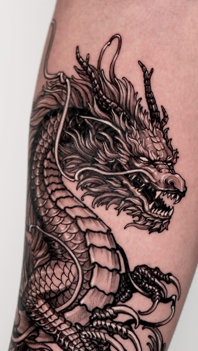Detailed black ink dragon tattoo on a person's arm with intricate scales and claws.
