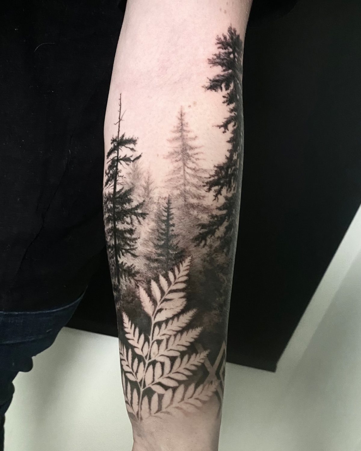 Forearm tattoo of a misty forest with pine trees and detailed fern leaves.