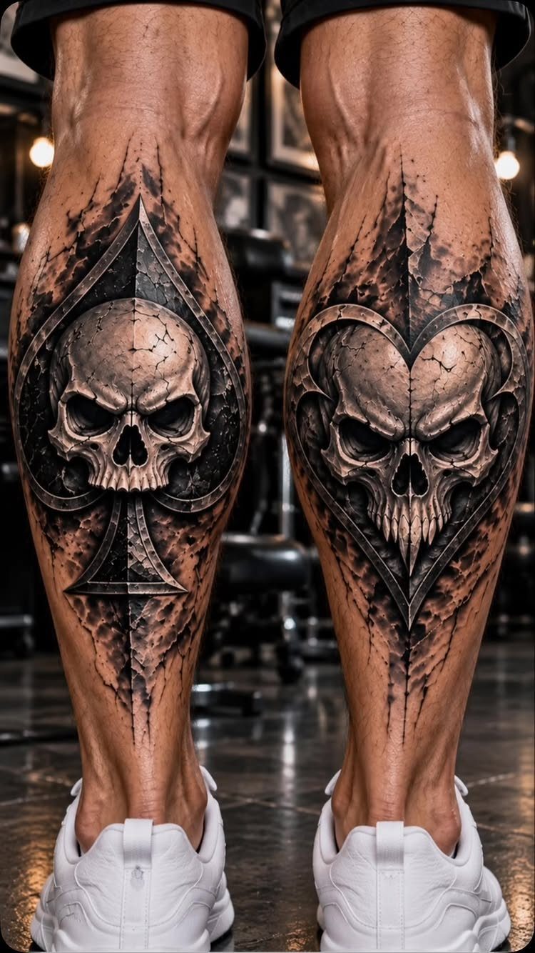 Detailed skull tattoos inside a spade and heart on a man's lower legs.