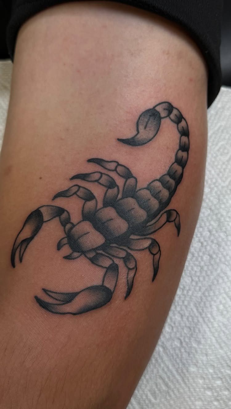 Scorpion tattoo in black and grey ink on a person's forearm.