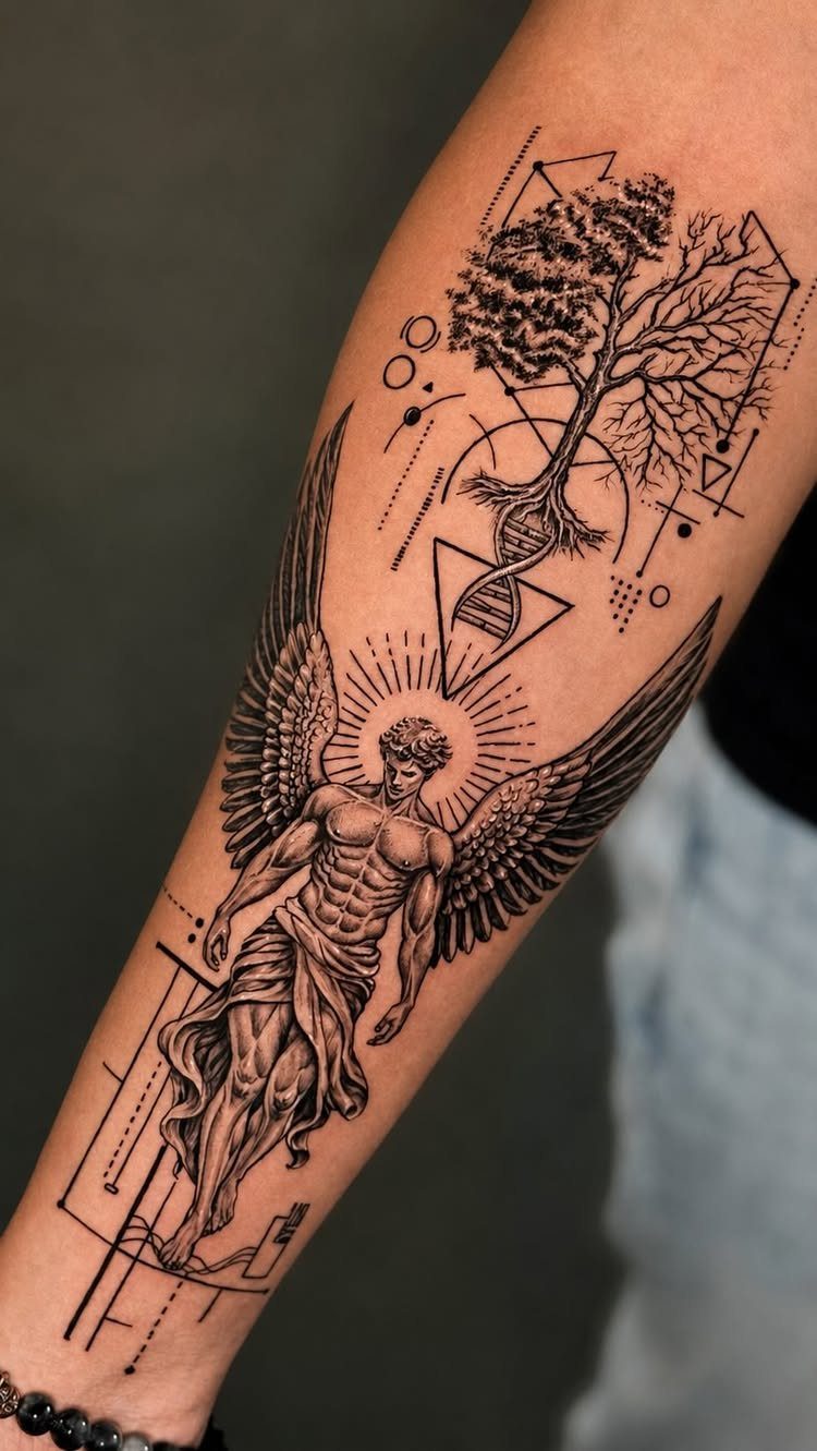 Muscular winged angel tattoo on a man's forearm with a tree and geometric elements.
