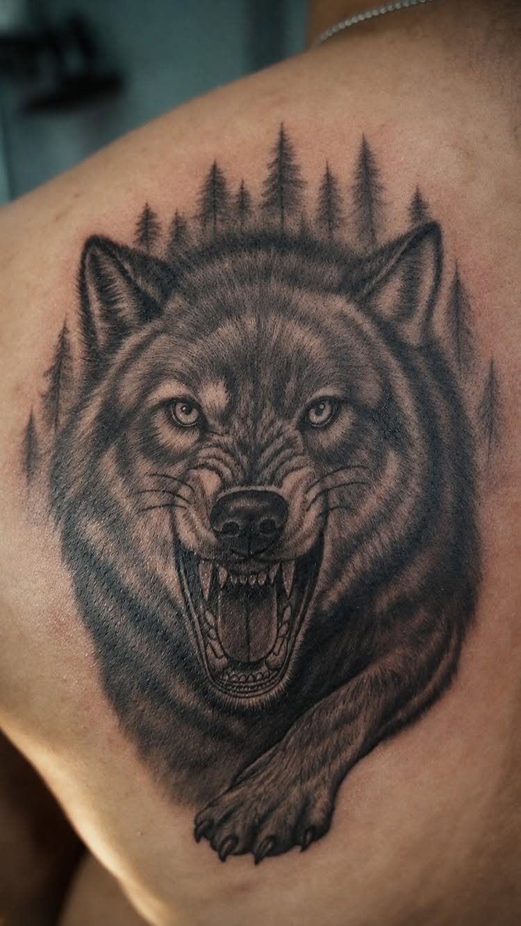 Snarling wolf head tattoo with a pine forest background on a person's shoulder.