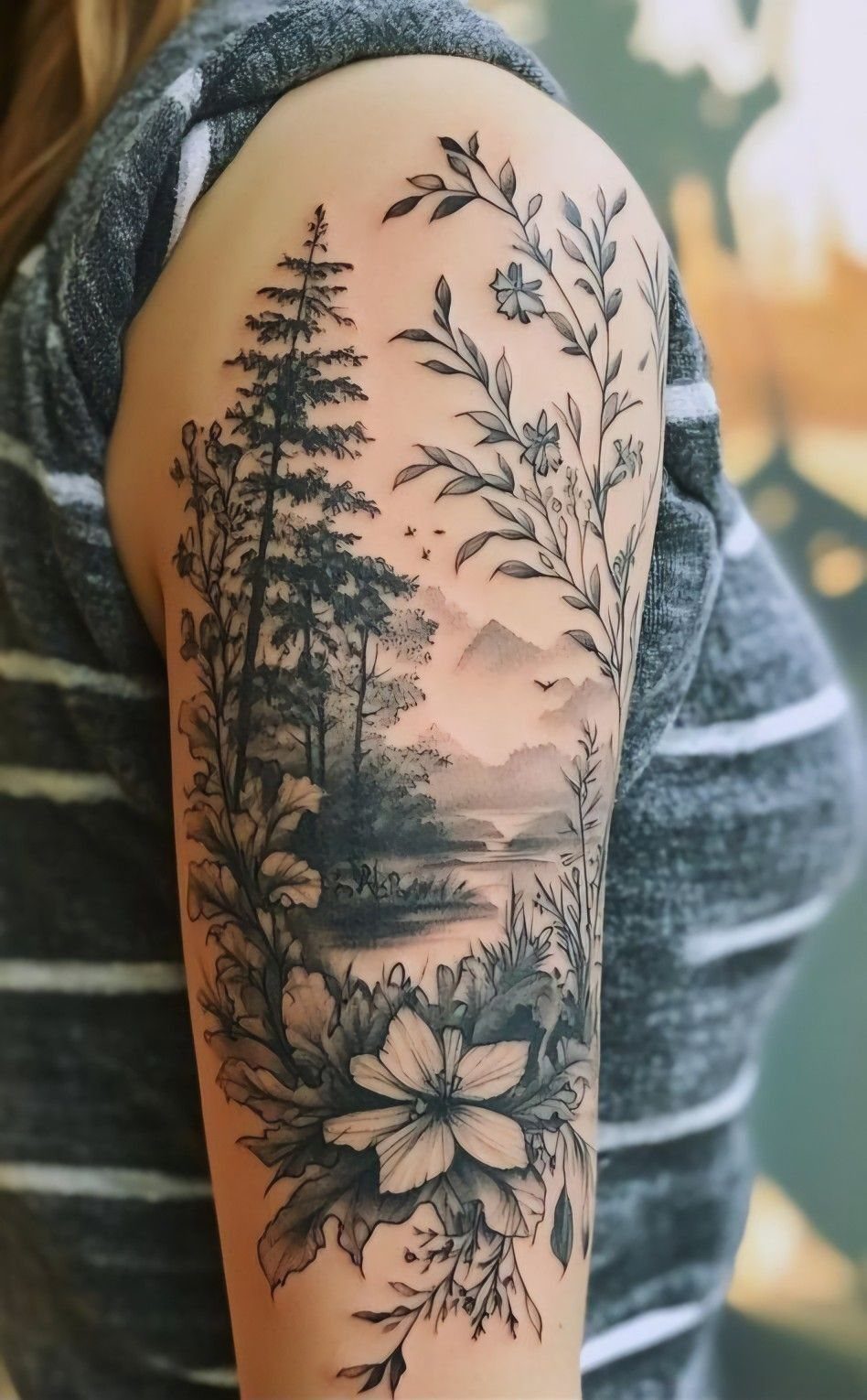 Half sleeve tattoo featuring a forest landscape with pine trees and mountains.