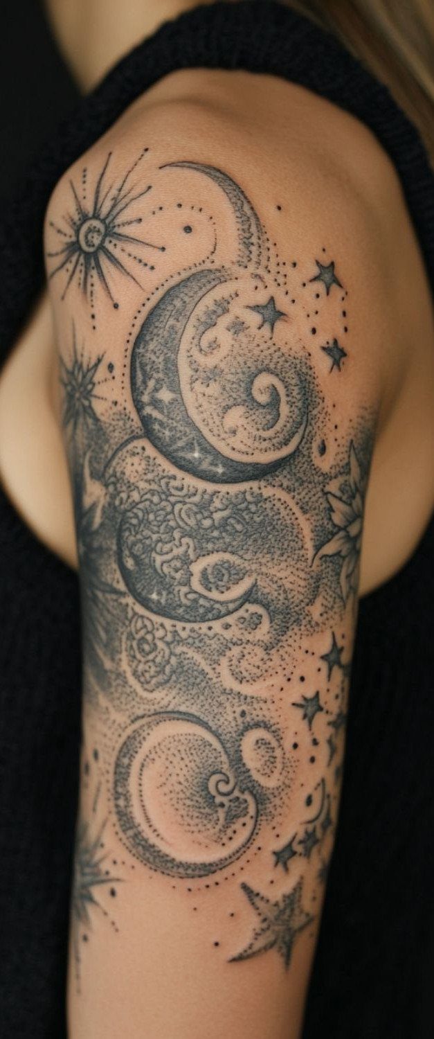 Celestial half sleeve tattoo with moons, stars, and a sun on a woman's arm.
