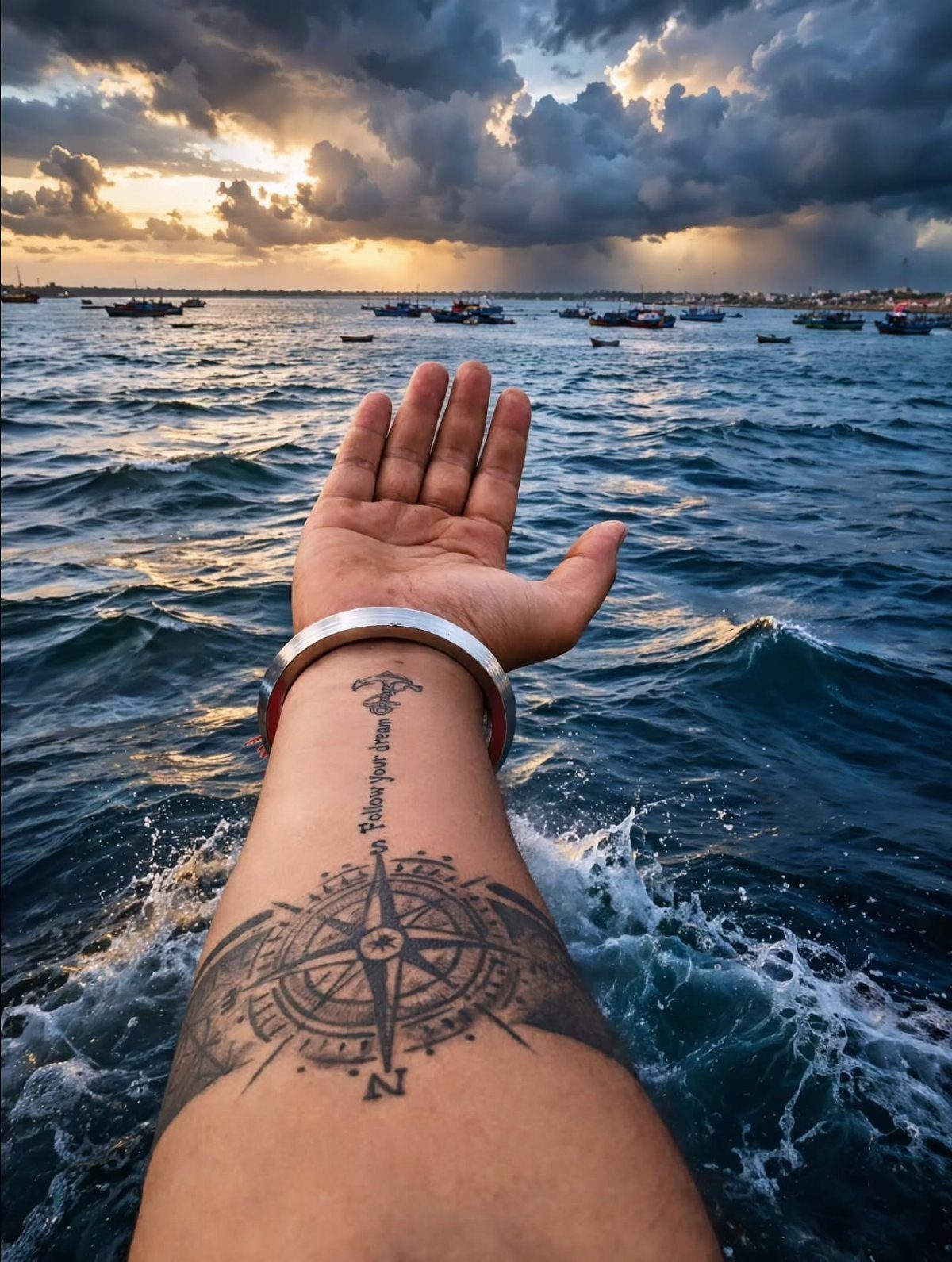 Forearm with a compass tattoo extended over blue ocean water at sunset.
