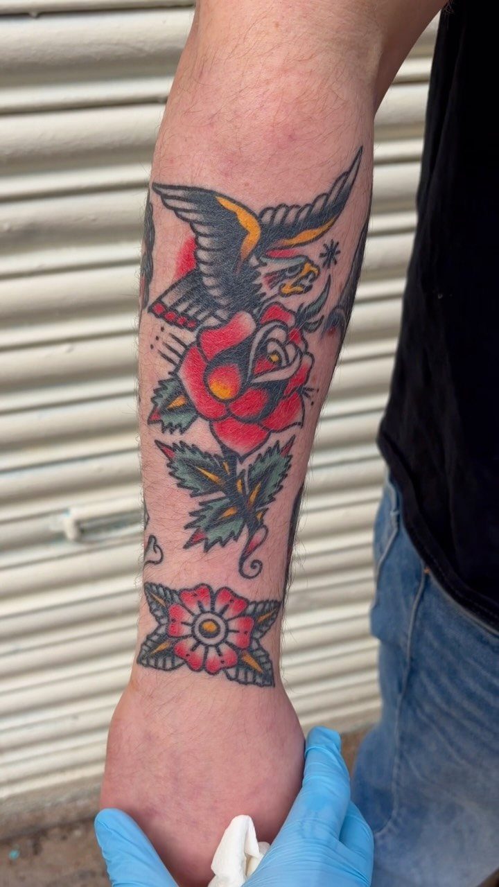 Traditional half sleeve tattoo on a forearm featuring a red rose and bird.