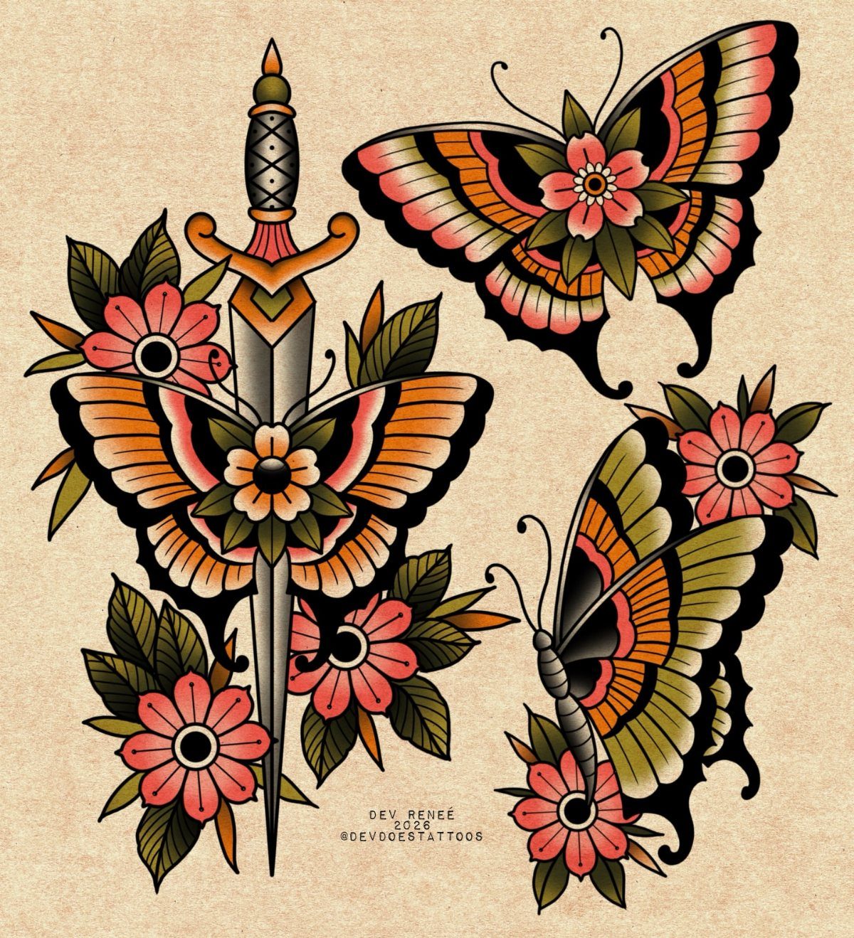 Tattoo flash designs featuring a butterfly dagger and floral butterflies on beige paper.