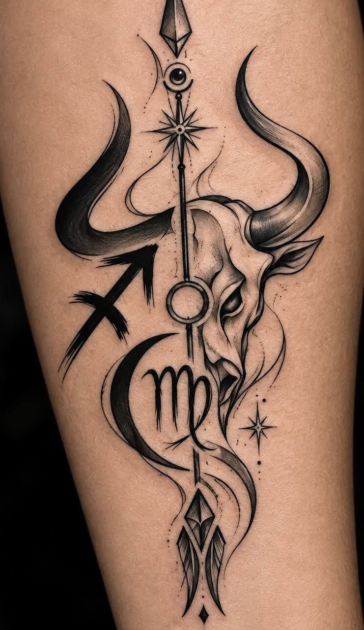 Zodiac sign tattoo on an upper arm featuring a bull skull and astrological symbols.