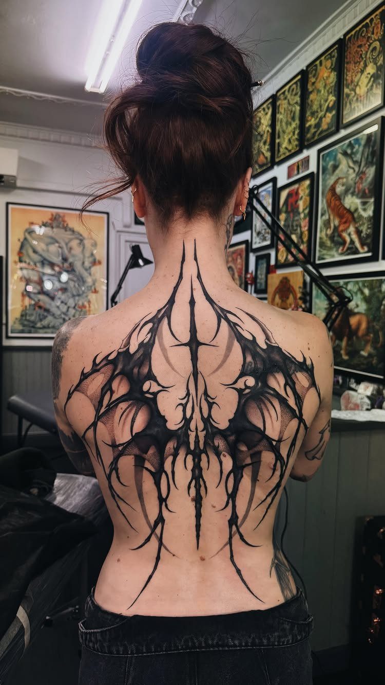 Gothic wing tattoo on a woman's back with sharp, black symmetrical lines.