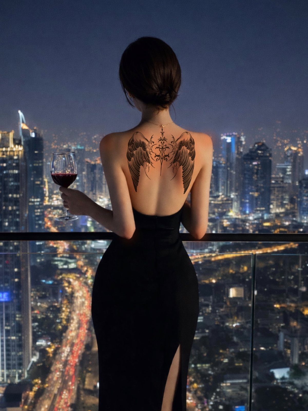 Woman with large angel wing tattoos on her back overlooking a city skyline.