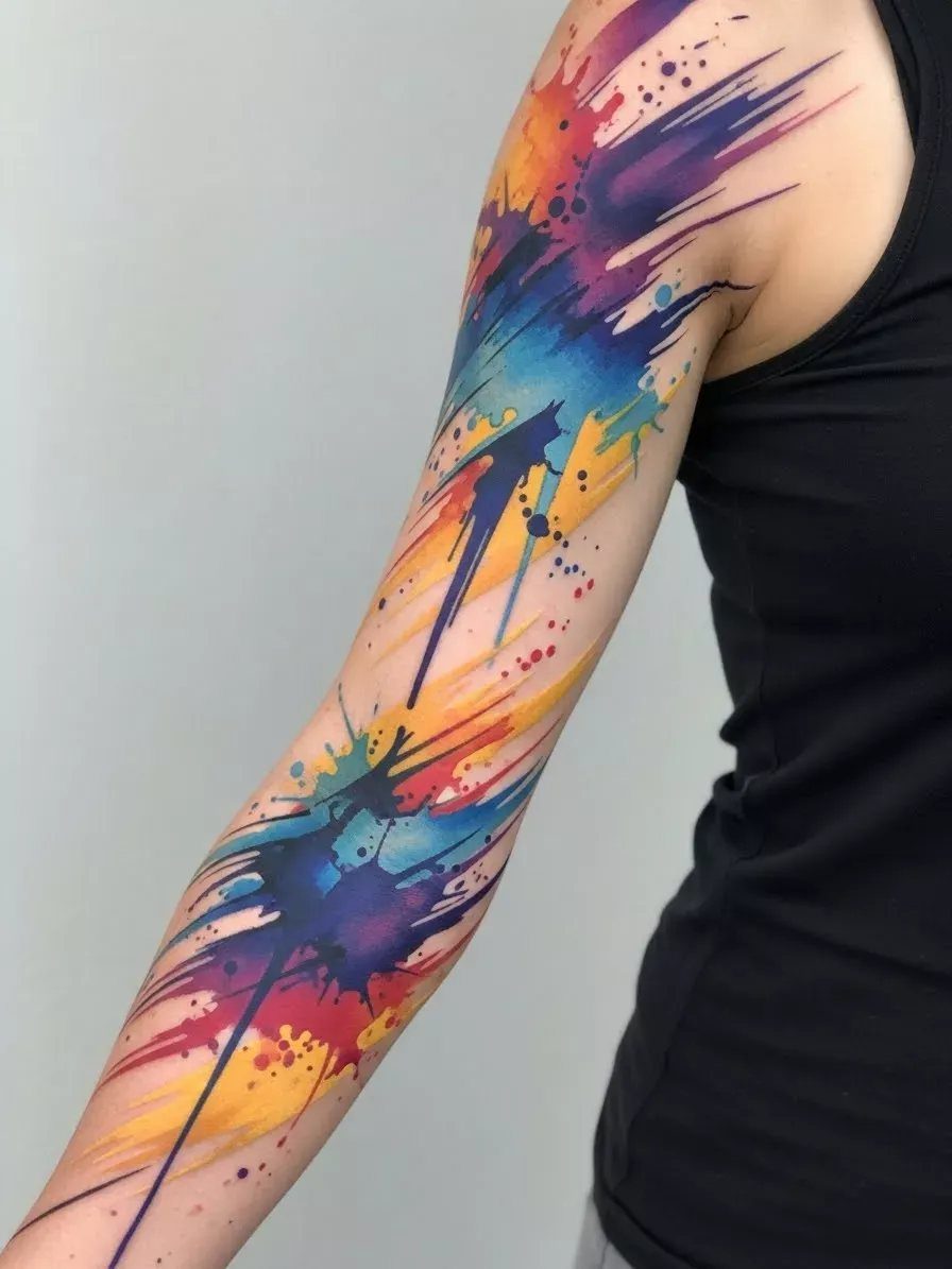 Full sleeve tattoo of colorful paint splatters in blue, purple, and yellow on arm.
