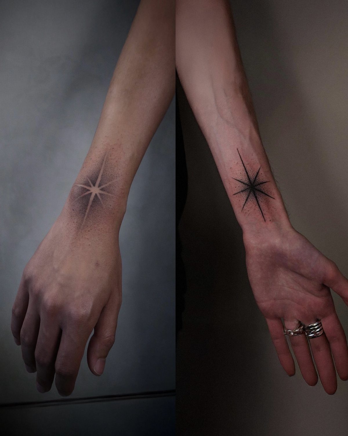 Eight pointed star tattoo on a person's wrist with a mirror reflection.